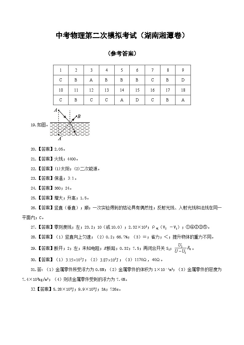 (湖南湘潭卷)中考物理第二次模拟考试(参考答案)第1页