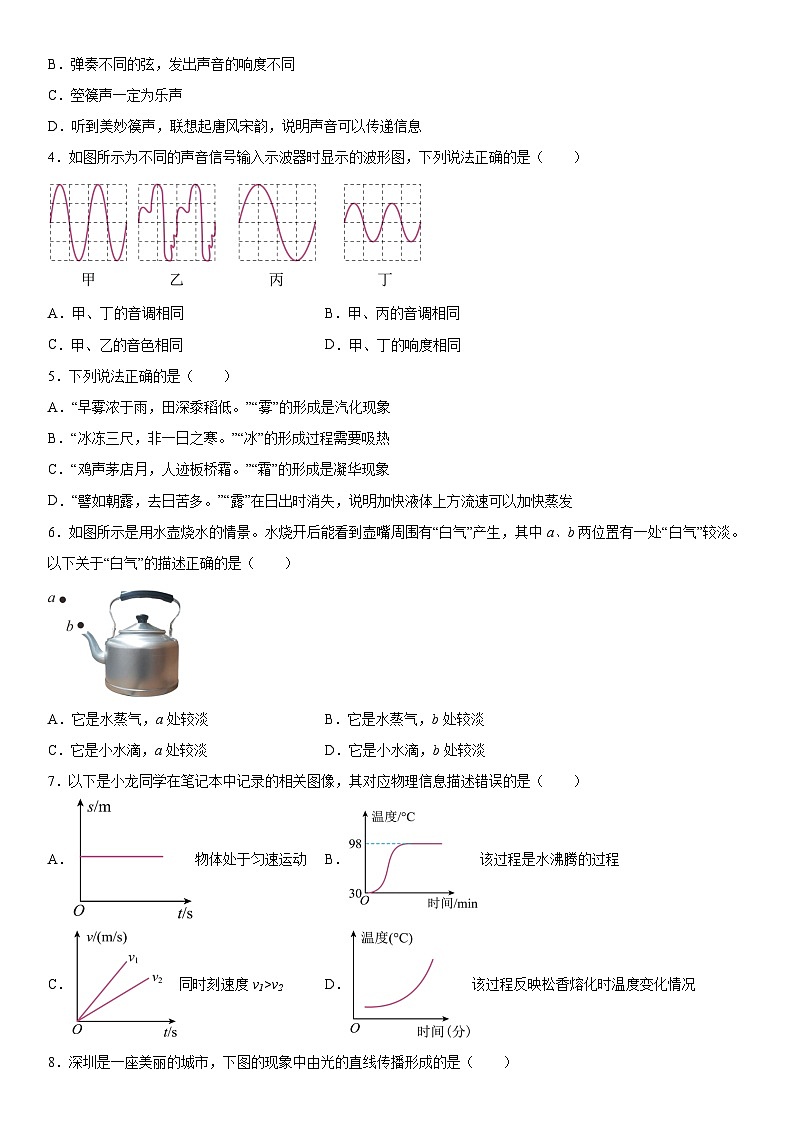 广东省深圳市龙岗区外国语学校2023-2024学年八年级上册期中水平测试物理试题(含解析)第2页