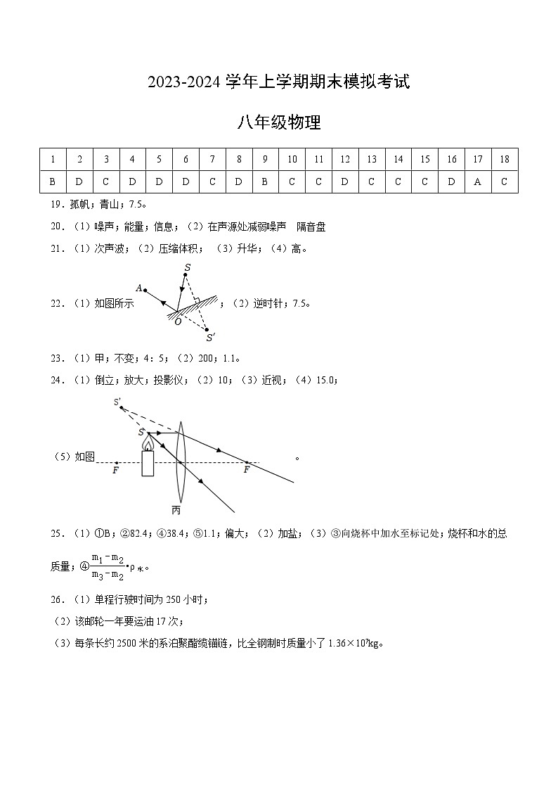 八年级物理期末模拟卷(参考答案)第1页