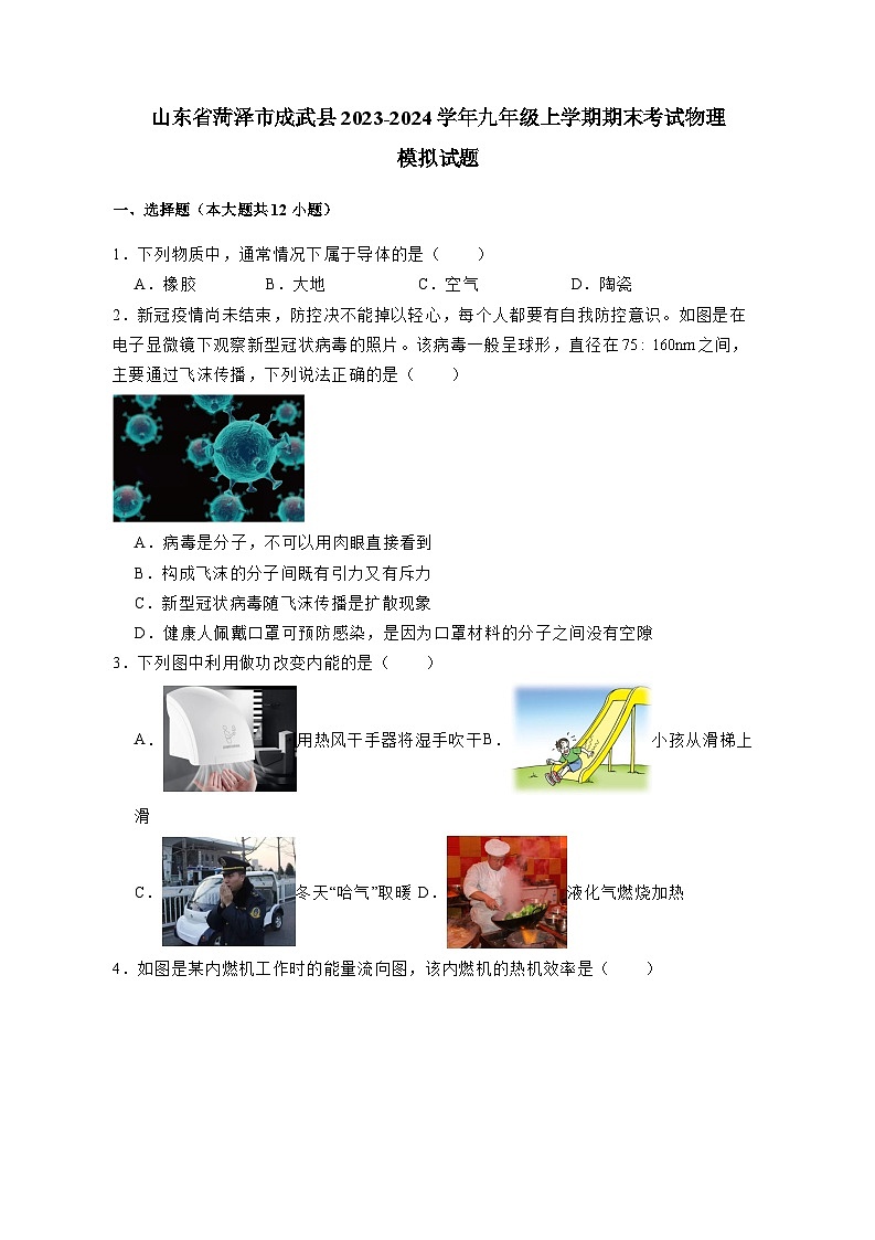 山东省菏泽市成武县2023-2024学年九年级上册期末考试物理模拟试卷(附答案)第1页