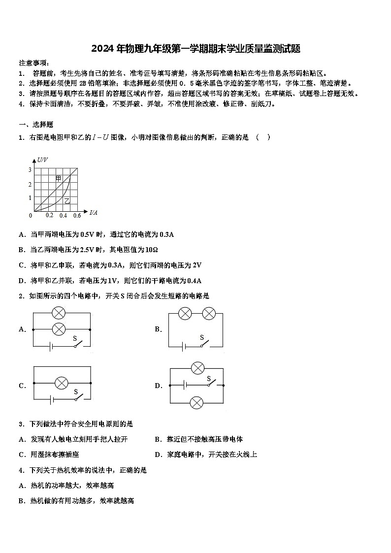 2024年物理九年级第一学期期末学业质量监测试题01