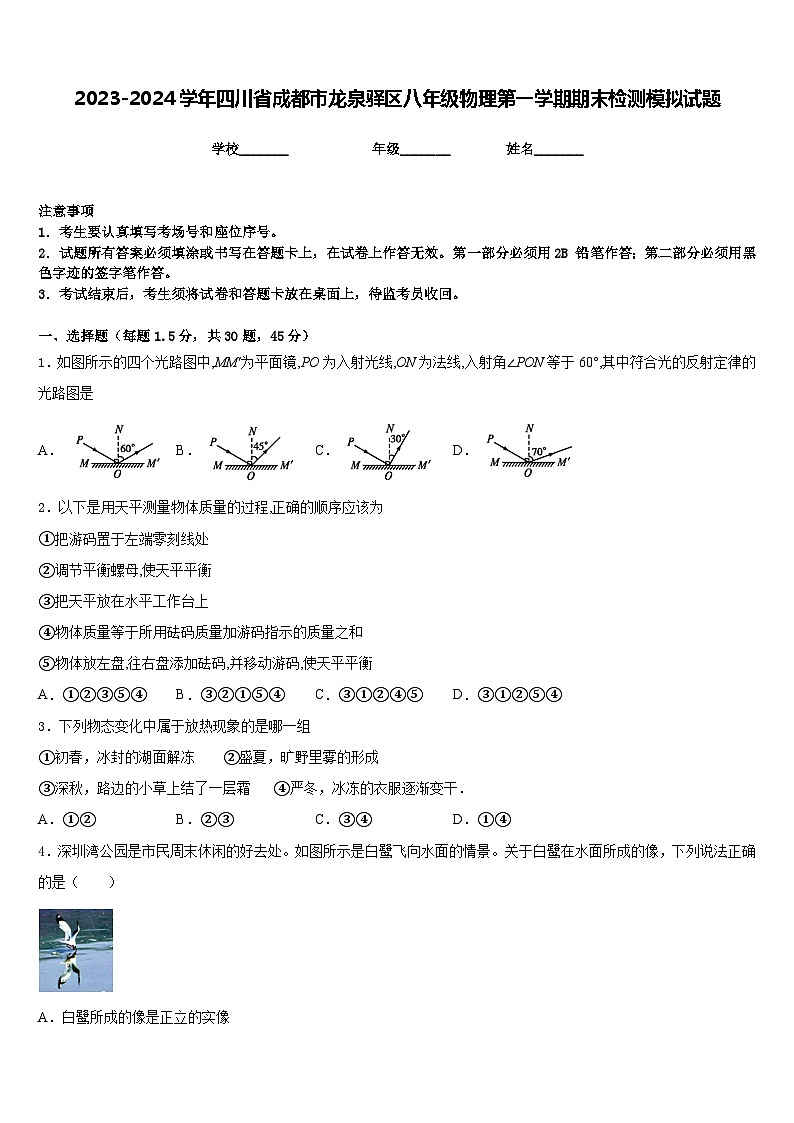 2023-2024学年四川省成都市龙泉驿区八年级物理第一学期期末检测模拟试题含答案第1页