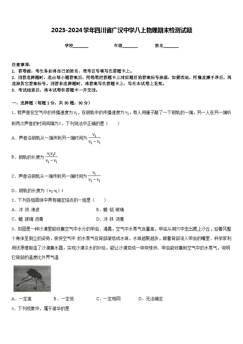 2023-2024学年四川省广汉中学八上物理期末检测试题含答案第1页
