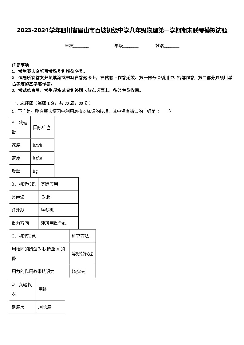 2023-2024学年四川省眉山市百坡初级中学八年级物理第一学期期末联考模拟试题含答案第1页