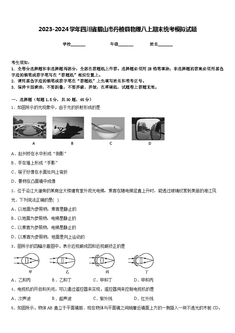 2023-2024学年四川省眉山市丹棱县物理八上期末统考模拟试题含答案第1页
