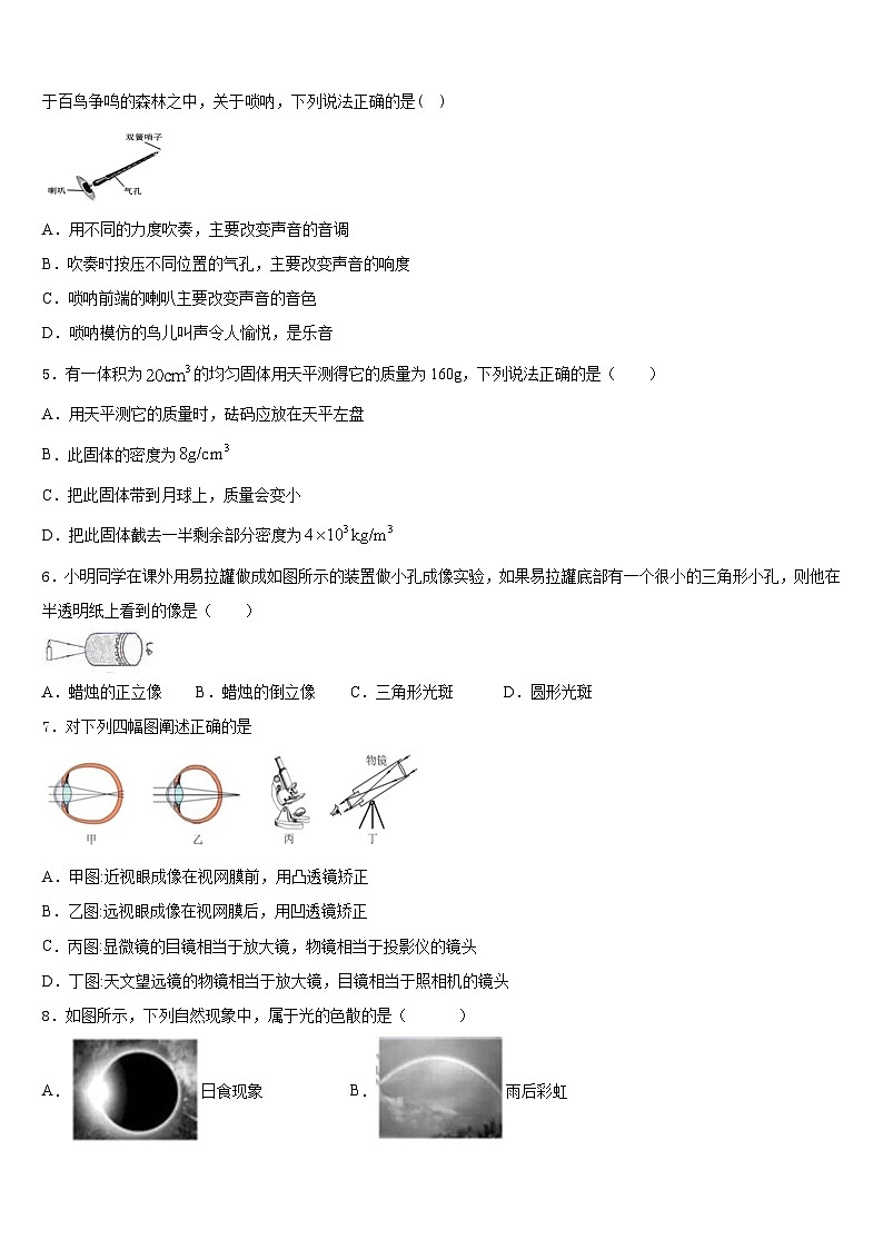 2023-2024学年四川省眉山市龙正区物理八年级第一学期期末调研试题含答案第2页