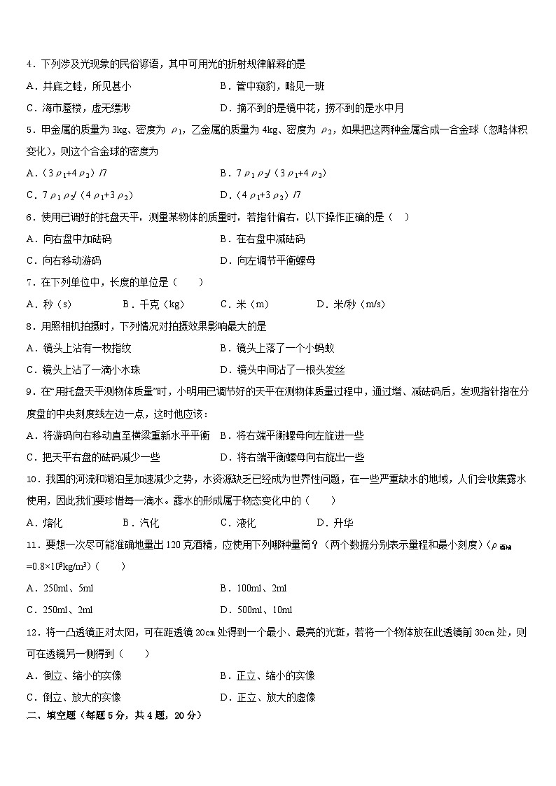 2023-2024學年天津市南開區(qū)育紅中學八年級物理第一學期期末學業(yè)質(zhì)量監(jiān)測模擬試題含答案第2頁