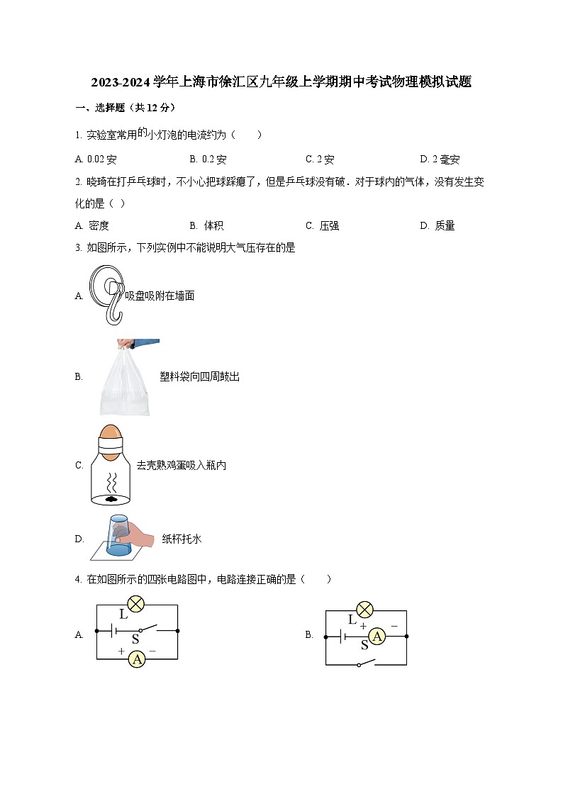 2023-2024学年上海市徐汇区九年级上册期中考试物理测试卷(含解析)第1页