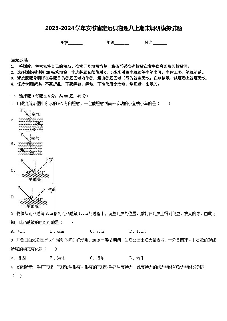 2023-2024学年安徽省定远县物理八上期末调研模拟试题含答案01