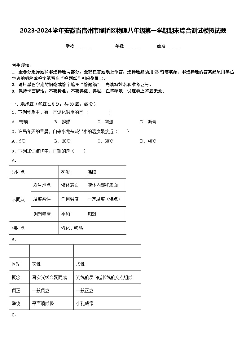2023-2024学年安徽省宿州市埇桥区物理八年级第一学期期末综合测试模拟试题含答案第1页