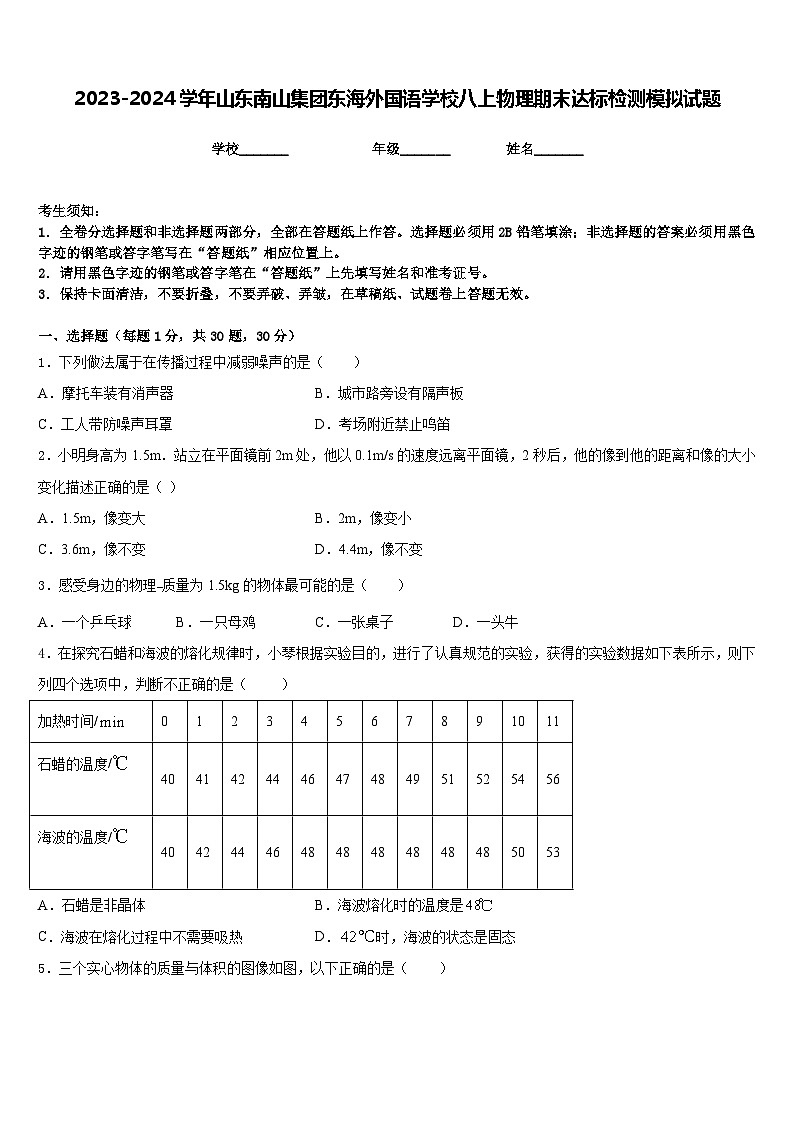 2023-2024学年山东南山集团东海外国语学校八上物理期末达标检测模拟试题含答案第1页