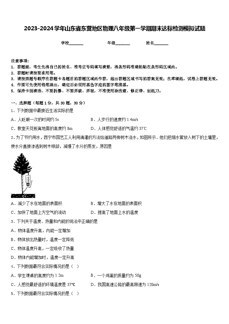 2023-2024学年山东省东营地区物理八年级第一学期期末达标检测模拟试题含答案第1页