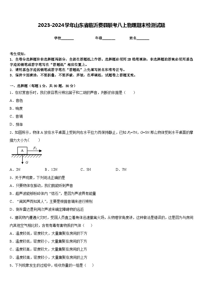 2023-2024学年山东省临沂费县联考八上物理期末检测试题含答案第1页