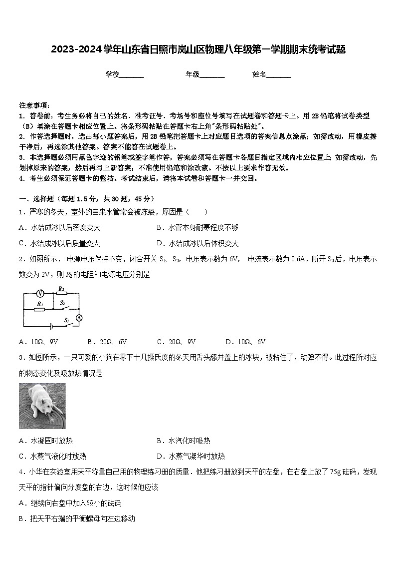 2023-2024學(xué)年山東省日照市嵐山區(qū)物理八年級(jí)第一學(xué)期期末統(tǒng)考試題含答案第1頁(yè)