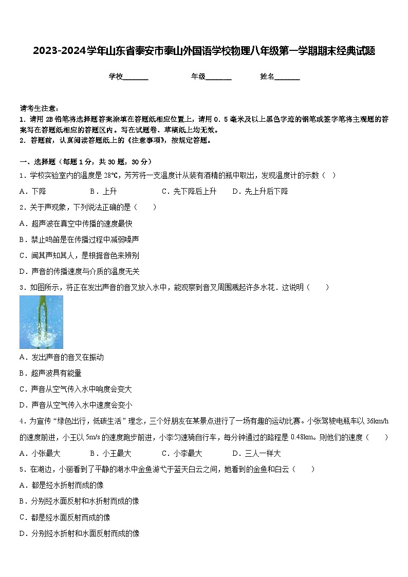 2023-2024学年山东省泰安市泰山外国语学校物理八年级第一学期期末经典试题含答案第1页