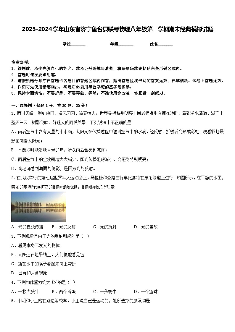 2023-2024学年山东省济宁鱼台县联考物理八年级第一学期期末经典模拟试题含答案01