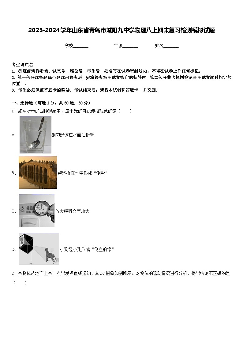 2023-2024学年山东省青岛市城阳九中学物理八上期末复习检测模拟试题含答案第1页