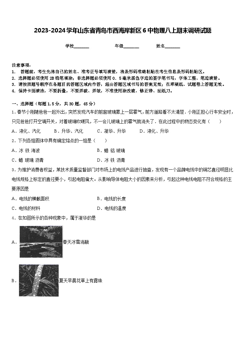 2023-2024学年山东省青岛市西海岸新区6中物理八上期末调研试题含答案第1页