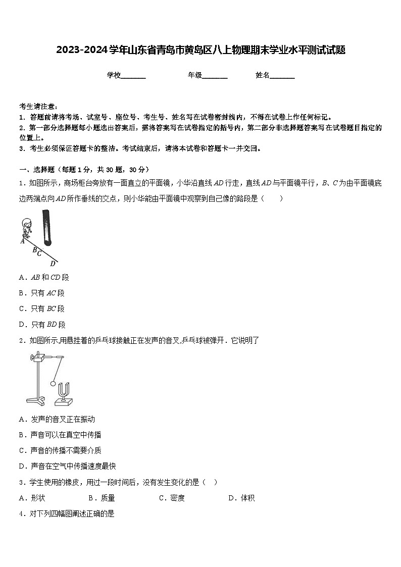 2023-2024学年山东省青岛市黄岛区八上物理期末学业水平测试试题含答案01