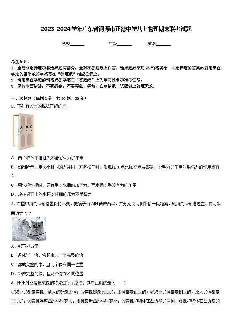 2023-2024学年广东省河源市正德中学八上物理期末联考试题含答案第1页