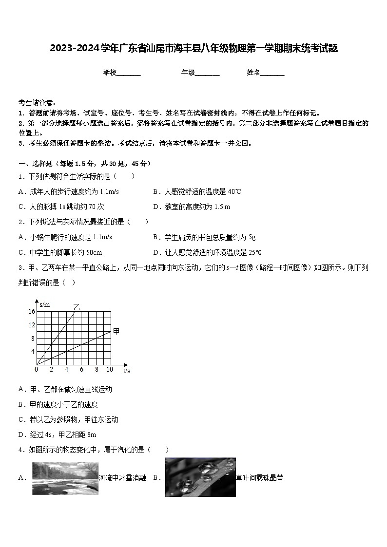 2023-2024学年广东省汕尾市海丰县八年级物理第一学期期末统考试题含答案第1页