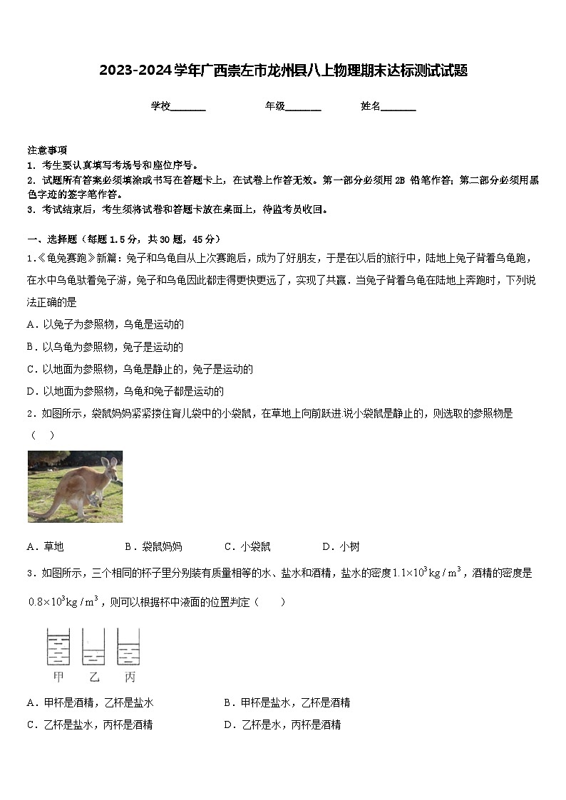 2023-2024学年广西崇左市龙州县八上物理期末达标测试试题含答案第1页