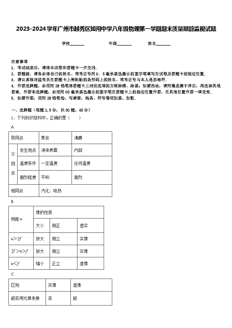 2023-2024学年广州市越秀区知用中学八年级物理第一学期期末质量跟踪监视试题含答案01