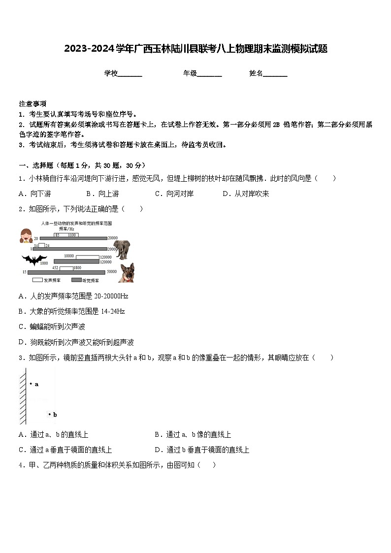 2023-2024学年广西玉林陆川县联考八上物理期末监测模拟试题含答案第1页