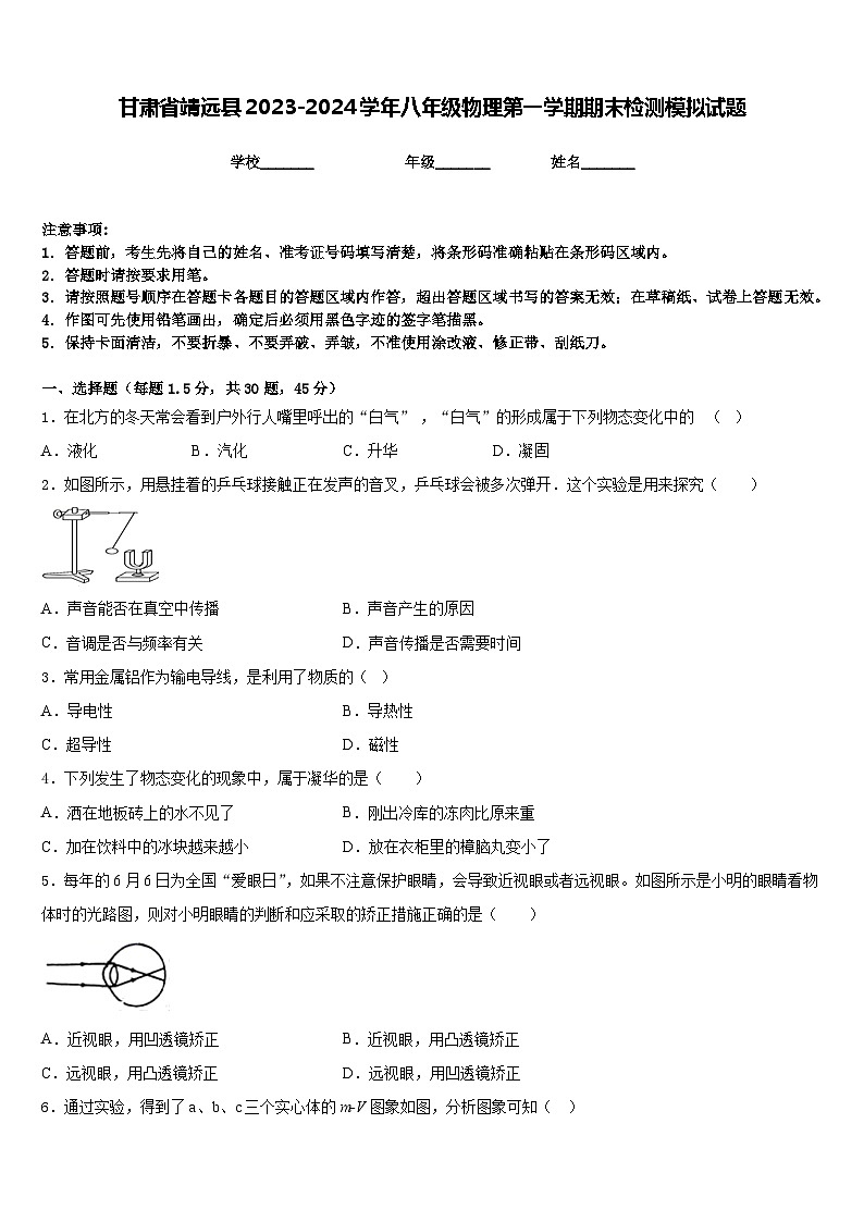 甘肃省靖远县2023-2024学年八年级物理第一学期期末检测模拟试题含答案第1页