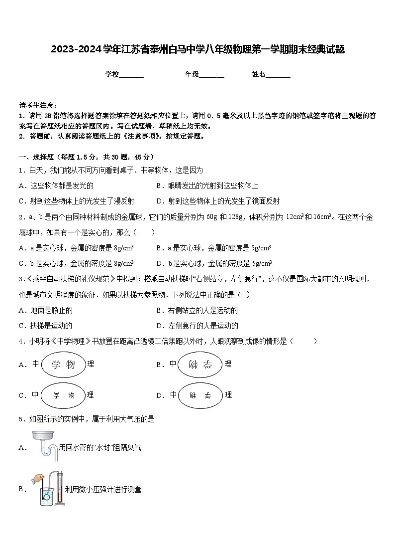 2023-2024学年江苏省泰州白马中学八年级物理第一学期期末经典试题含答案第1页
