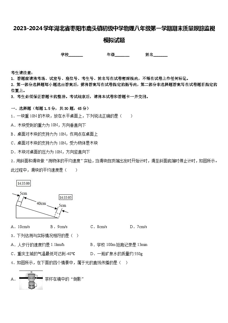 2023-2024学年湖北省枣阳市鹿头镇初级中学物理八年级第一学期期末质量跟踪监视模拟试题含答案01