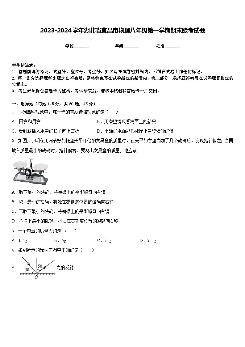 2023-2024学年湖北省宜昌市物理八年级第一学期期末联考试题含答案第1页