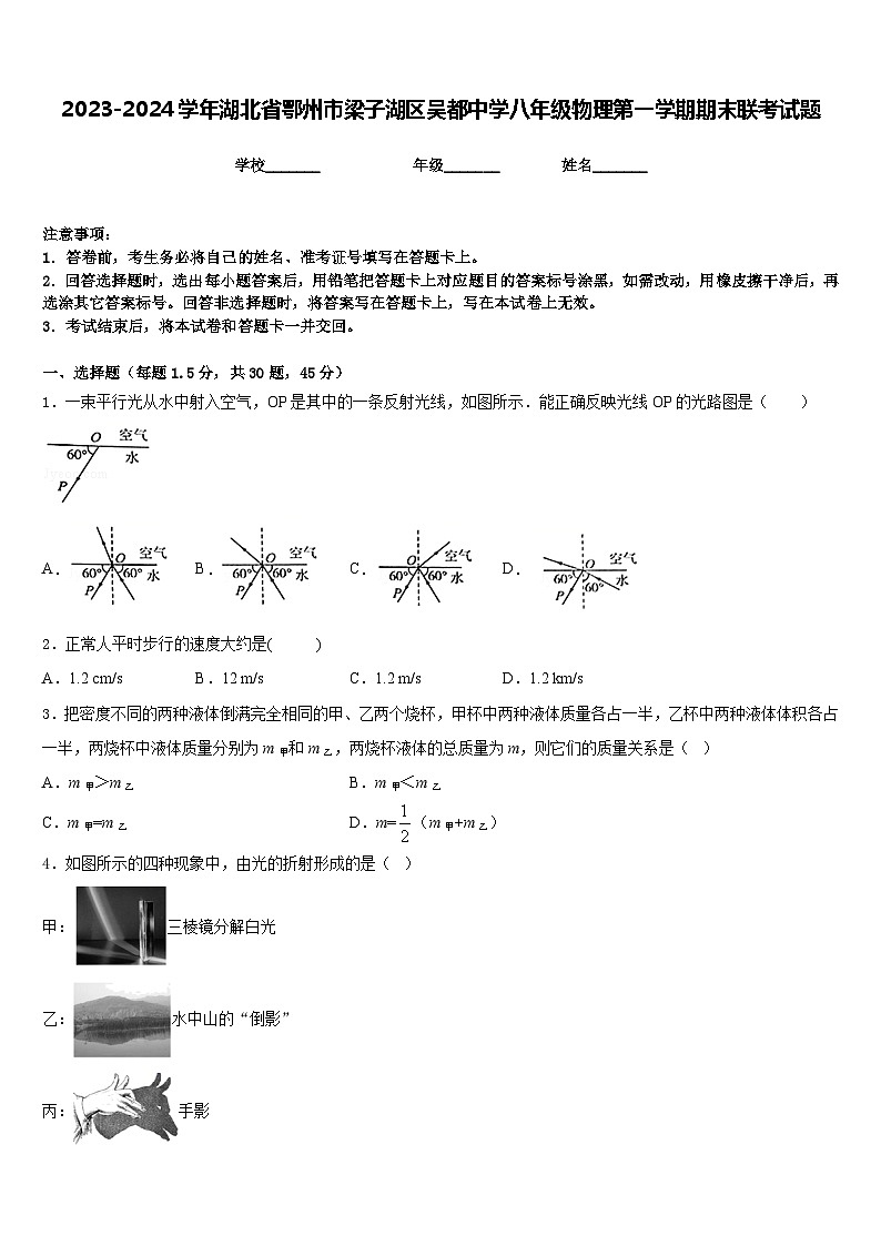 2023-2024学年湖北省鄂州市梁子湖区吴都中学八年级物理第一学期期末联考试题含答案第1页