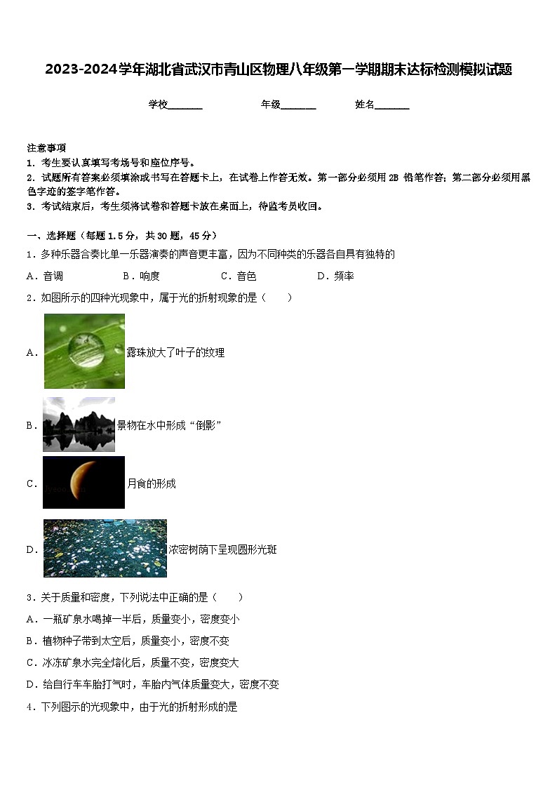 2023-2024学年湖北省武汉市青山区物理八年级第一学期期末达标检测模拟试题含答案01