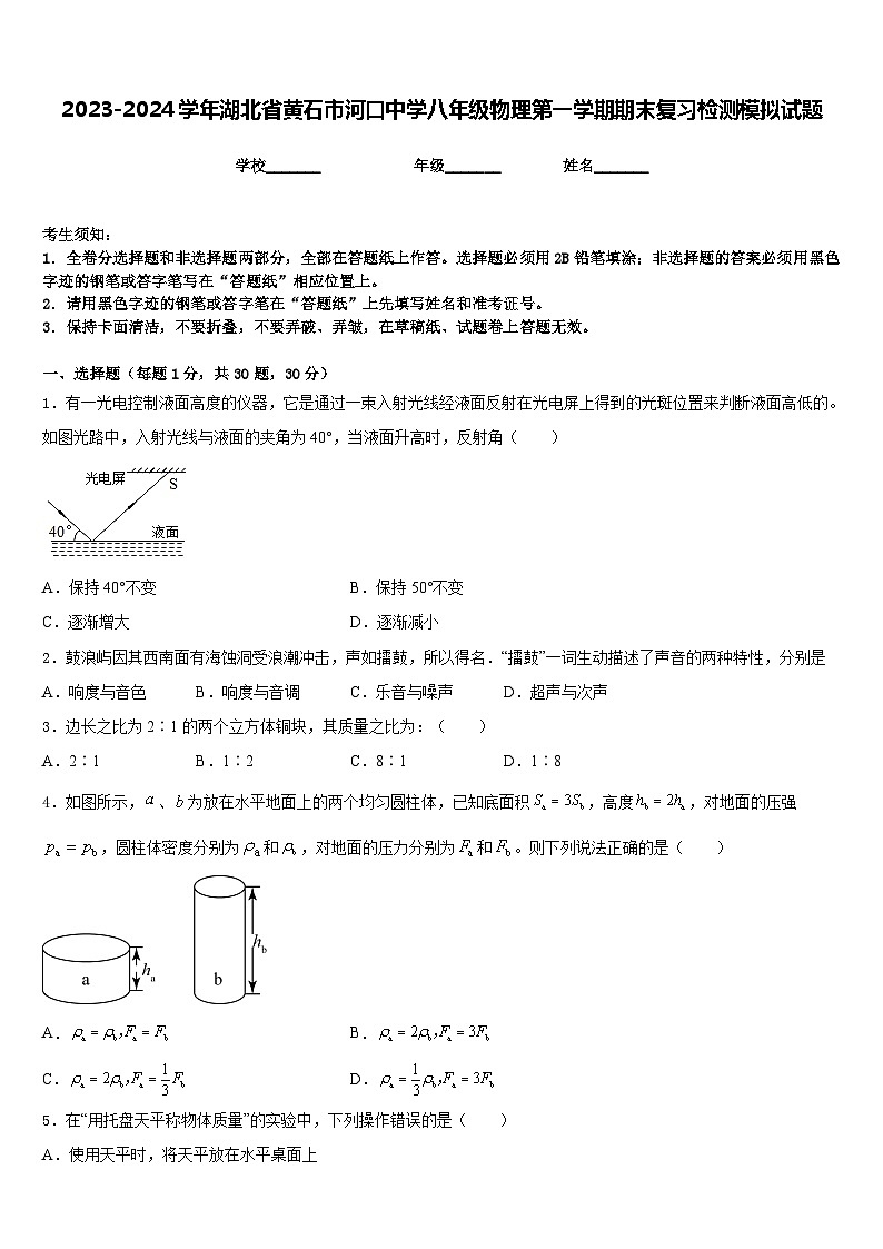 2023-2024学年湖北省黄石市河口中学八年级物理第一学期期末复习检测模拟试题含答案第1页