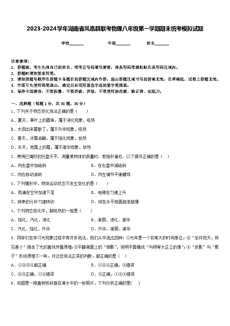2023-2024学年湖南省凤凰县联考物理八年级第一学期期末统考模拟试题含答案第1页