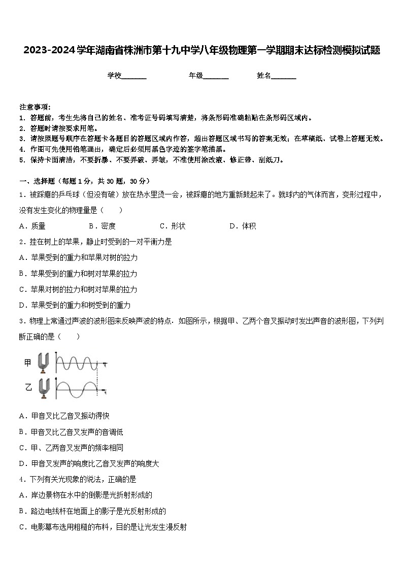 2023-2024学年湖南省株洲市第十九中学八年级物理第一学期期末达标检测模拟试题含答案第1页
