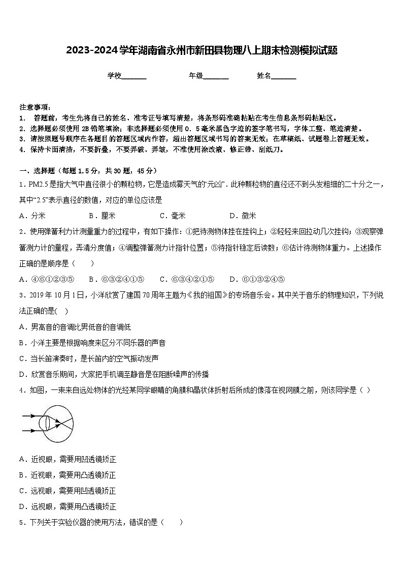 2023-2024学年湖南省永州市新田县物理八上期末检测模拟试题含答案第1页