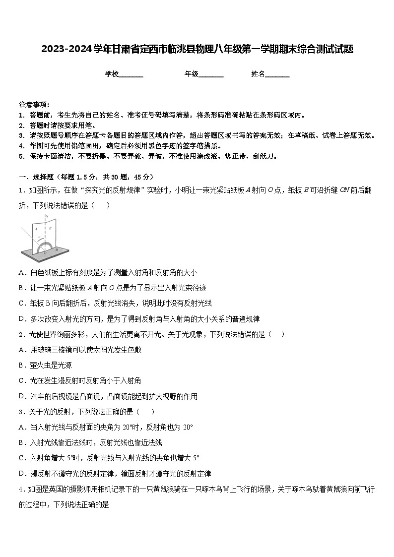 2023-2024学年甘肃省定西市临洮县物理八年级第一学期期末综合测试试题含答案第1页