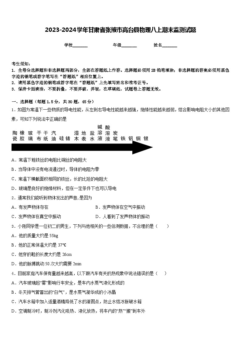 2023-2024学年甘肃省张掖市高台县物理八上期末监测试题含答案第1页