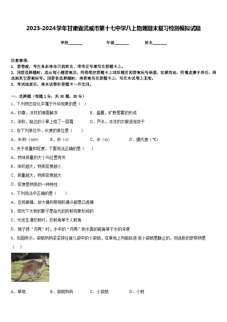 2023-2024学年甘肃省武威市第十七中学八上物理期末复习检测模拟试题含答案01