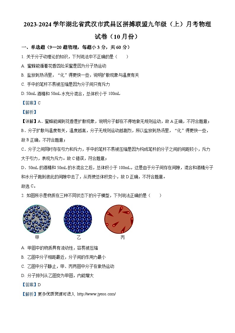 湖北省武汉市武昌区拼搏联盟2023-2024学年九年级上学期10月月考物理试题01