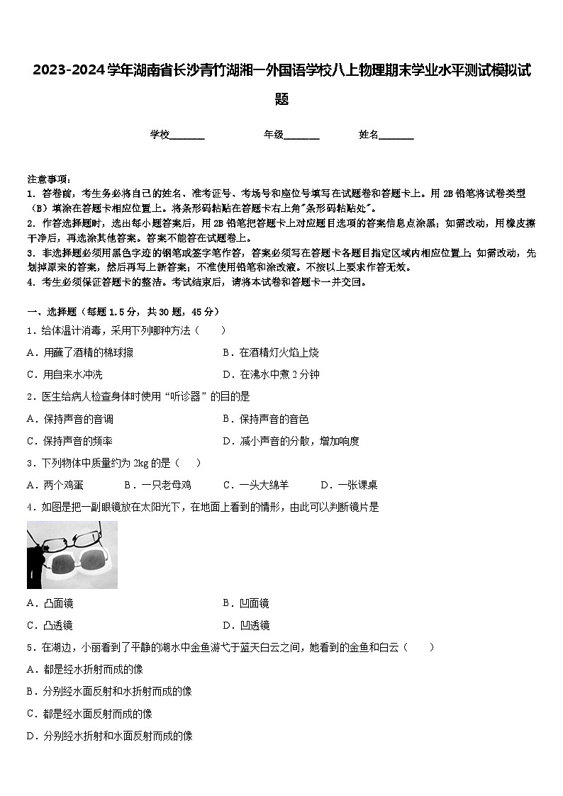 2023-2024学年湖南省长沙青竹湖湘一外国语学校八上物理期末学业水平测试模拟试题含答案第1页
