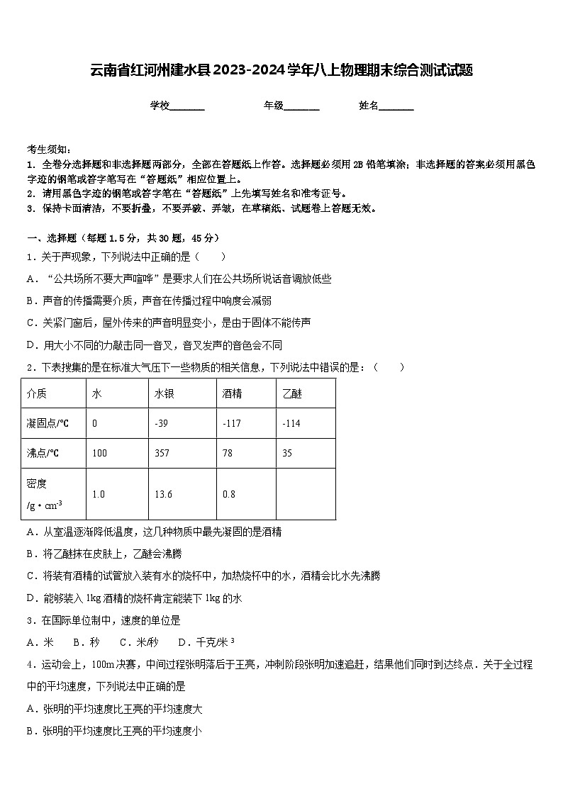 云南省红河州建水县2023-2024学年八上物理期末综合测试试题含答案第1页