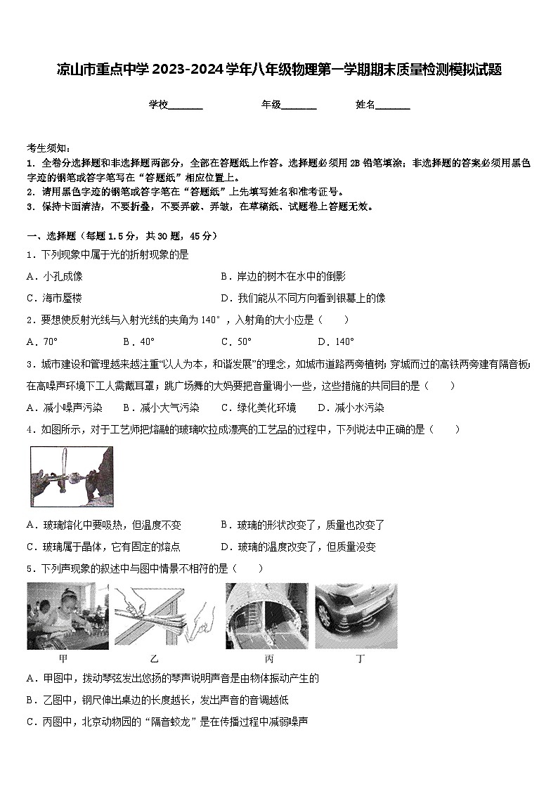 凉山市重点中学2023-2024学年八年级物理第一学期期末质量检测模拟试题含答案第1页