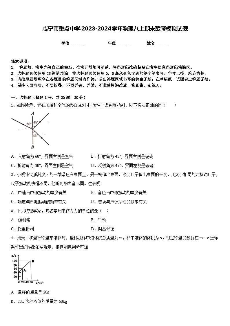 咸宁市重点中学2023-2024学年物理八上期末联考模拟试题含答案01