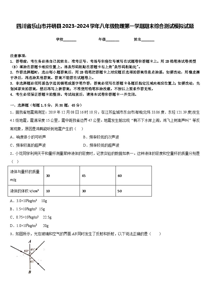 四川省乐山市井研县2023-2024学年八年级物理第一学期期末综合测试模拟试题含答案第1页