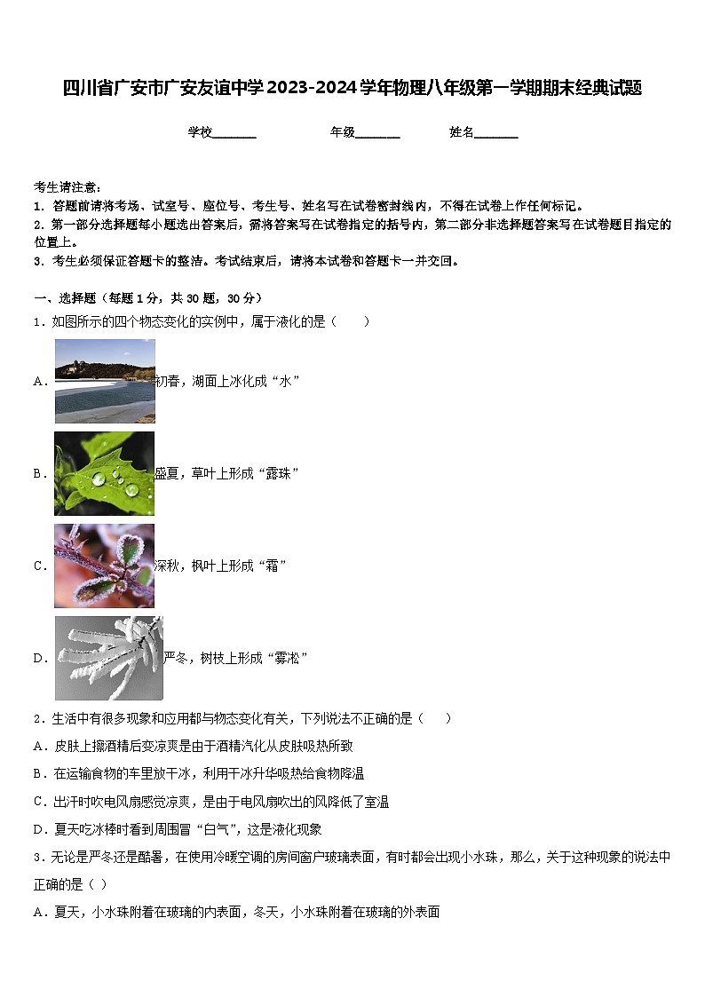 四川省广安市广安友谊中学2023-2024学年物理八年级第一学期期末经典试题含答案第1页