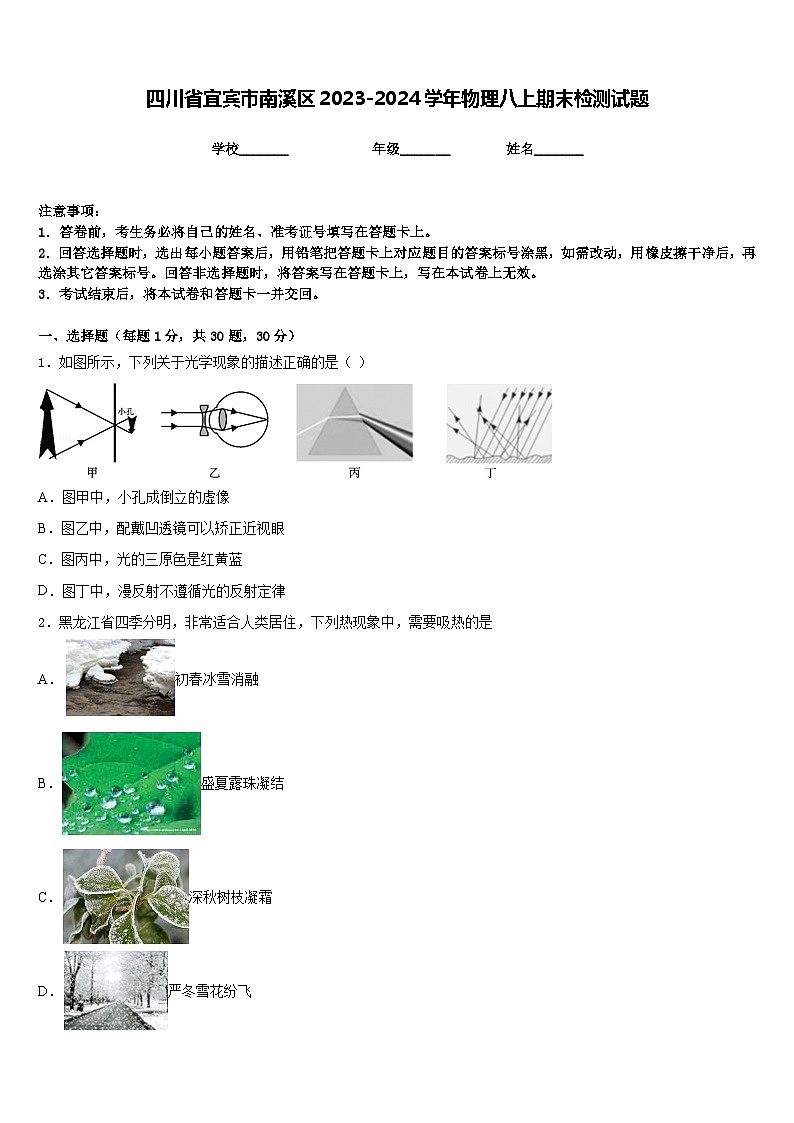 四川省宜宾市南溪区2023-2024学年物理八上期末检测试题含答案01