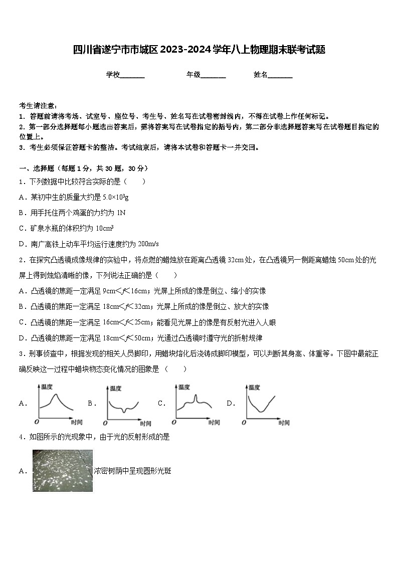 四川省遂宁市市城区2023-2024学年八上物理期末联考试题含答案01